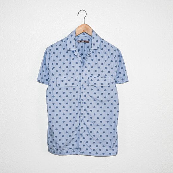 MR TURK Men's Short Sleeve Button Down Shirt Blue Polka dot Print fit Small - Picture 1 of 6